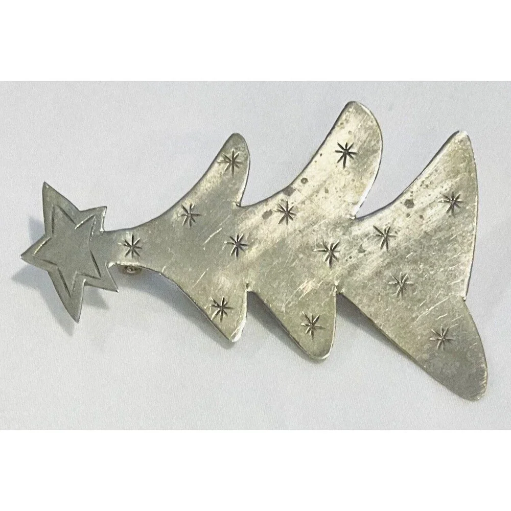 Artisan Silver Tone Christmas Tree Brooch Pin Rustic Primitive 2.5” x 1.75”